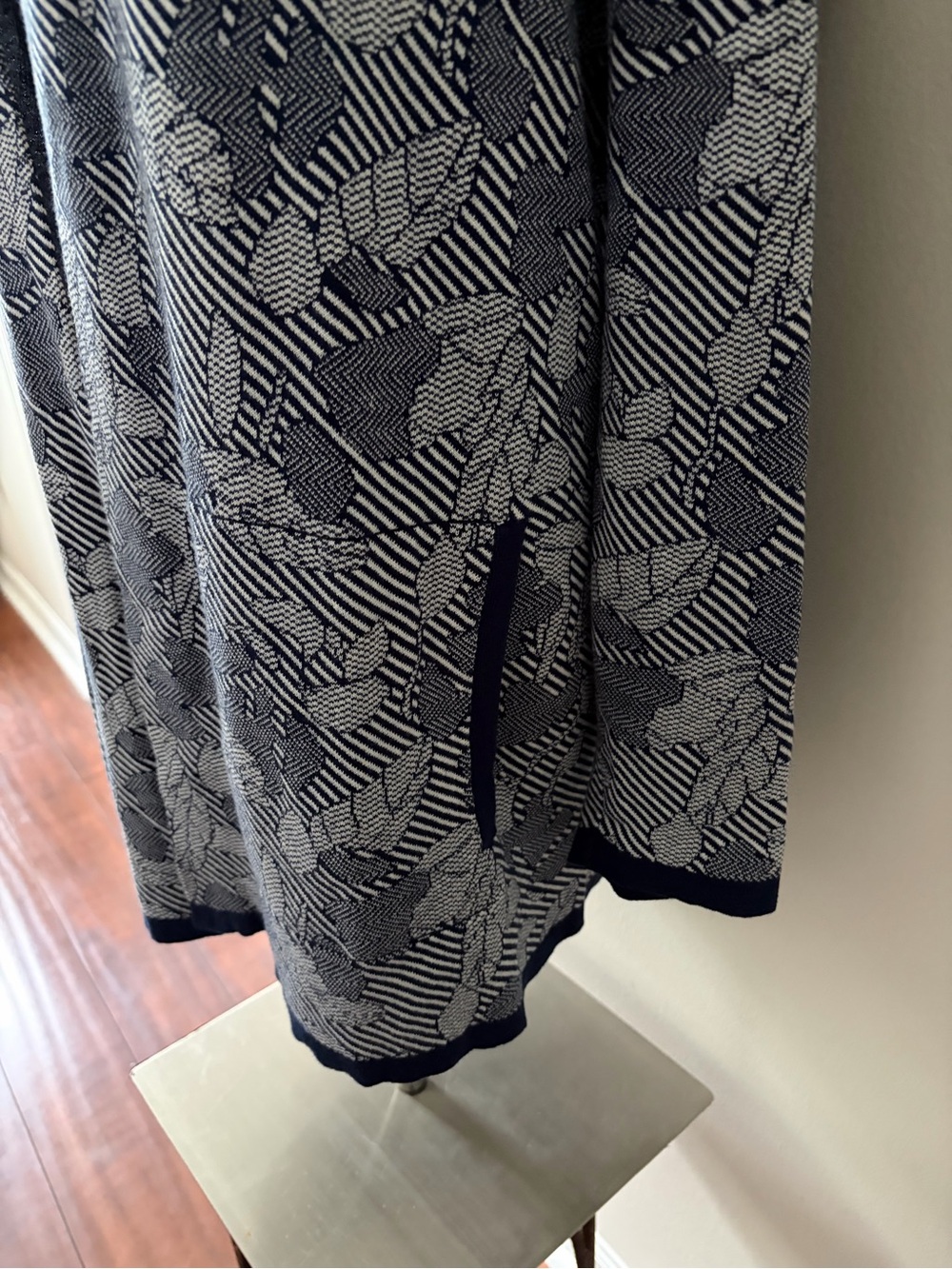 Lands' End Navy White Leaf Jaquard Open-Front Cardigan XL Lagenlook Botanical - Picture 6 of 9